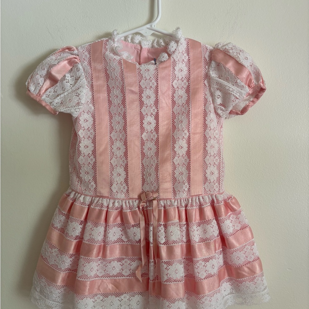 Vintage Childrens Pink Satin and Lace Dress/Flower Girl Gown Size 3